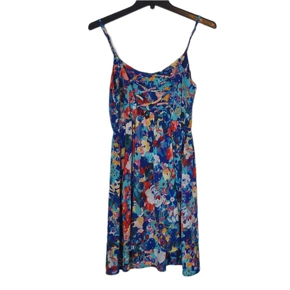 Aqua Blue Multicolor Floral Fit & Flare Mini Dress xSmall Preowned - Picture 7 of 8
